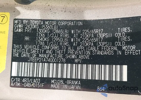 2004 Toyota Highlander Limited V6 z USA, uszkodzony, nr VIN JTEEP21A740001278